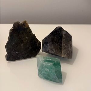 Green Fluorite and Dark Crystal Trio - Raw Mineral Collection